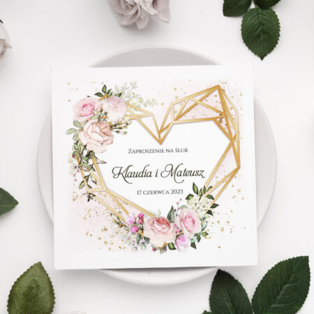 Zaproszenie składane ślubne wzór 2 serce geometryczne