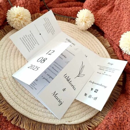 Zaproszenie składane Ślubne Folderowe - wzór2 - minimalistyczne z listkiem