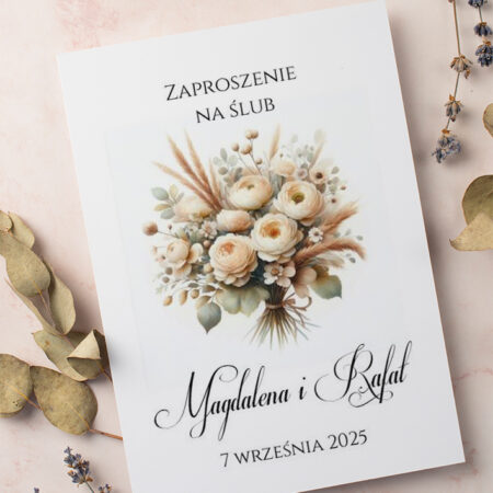 Zaproszenie Ślubne składane prostokątne Wzór10 kremowe kwiaty bukiet