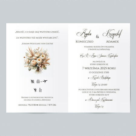 Wzór 10a Zaproszenie Ślubne składane prostokątne kremowe kwiaty