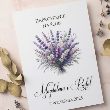 Zaproszenie Ślubne składane prostokątne Wzór12 lawenda bukiet