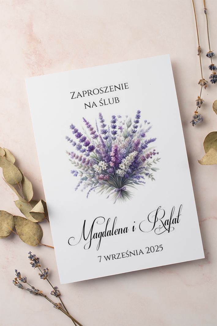 Zaproszenie Ślubne składane prostokątne Wzór12 lawenda bukiet