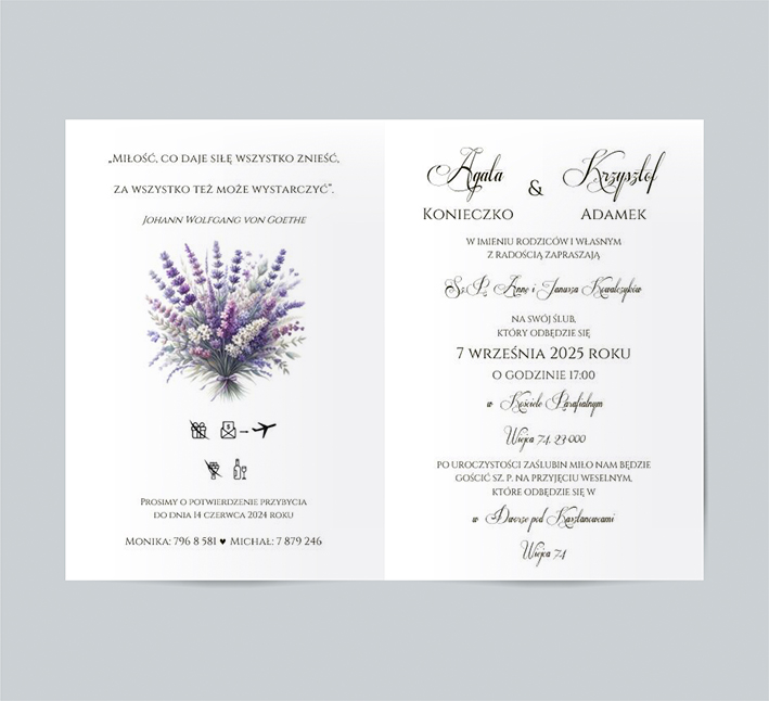 Zaproszenie Ślubne składane prostokątne Wzór12 lawenda bukiet - obrazek 2