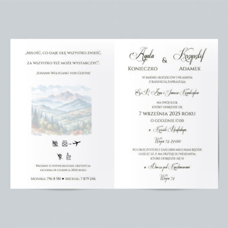 Wzór 13b Zaproszenie Ślubne składane prostokątne motyw górski Para Młoda