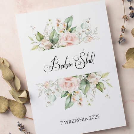 Zaproszenie Ślubne składane prostokątne Wzór2 pudrowe Róże kwiaty