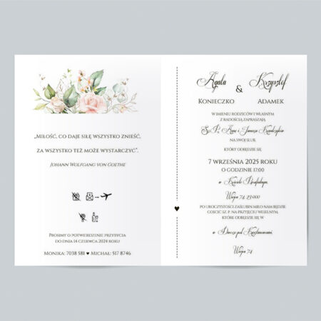 Wzór 2a Zaproszenie Ślubne składane prostokątne pudrowe róże