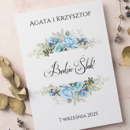 Zaproszenie Ślubne składane prostokątne Wzór3 błękitne róże kwiaty