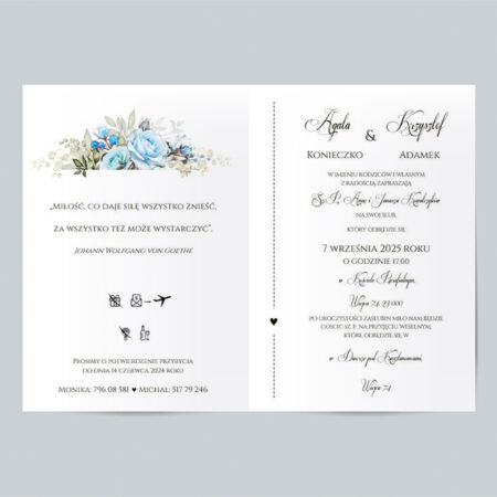 Wzór 3a Zaproszenie Ślubne składane prostokątne błekitne róże