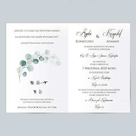 Wzór 4a Zaproszenie Ślubne składane prostokątne eukaliptus