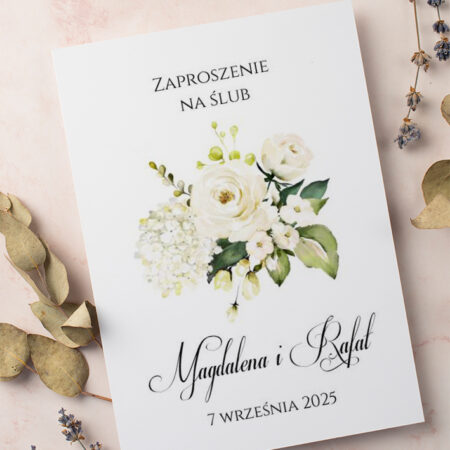 Zaproszenie Ślubne składane prostokątne Wzór6 kremowe kwiaty bukiet