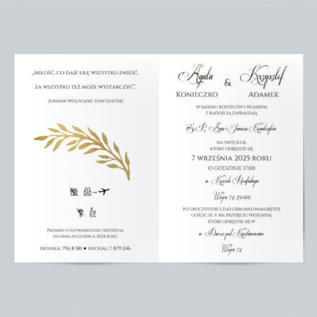 Wzór 8a Zaproszenie Ślubne składane prostokątne złota gałązka