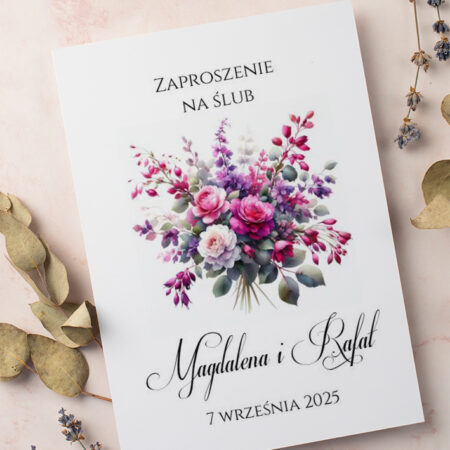 Zaproszenie Ślubne składane prostokątne Wzór9 kwiaty fioletowe