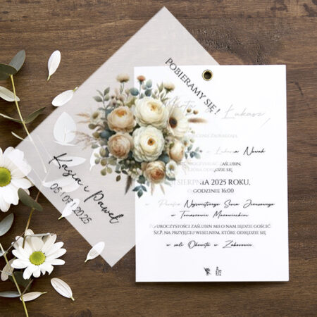 Zaproszenia z Kalką Wzór 37 bukiet kremowe kwiaty