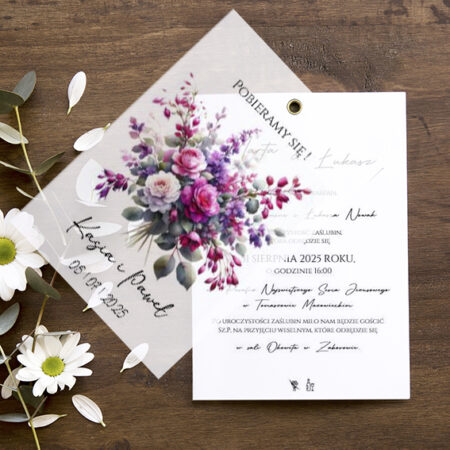 Zaproszenia z Kalką Wzór 38 bukiet kwiatów Fuksja