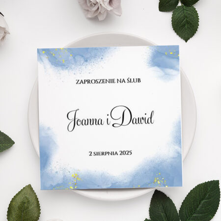 Zaproszenie ślubne składane wz186 błękitny, niebieski marmurek ze złotym brokatem