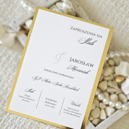 Zaproszenia jednokartkowe na złotym kartonie minimalistyczne glamour